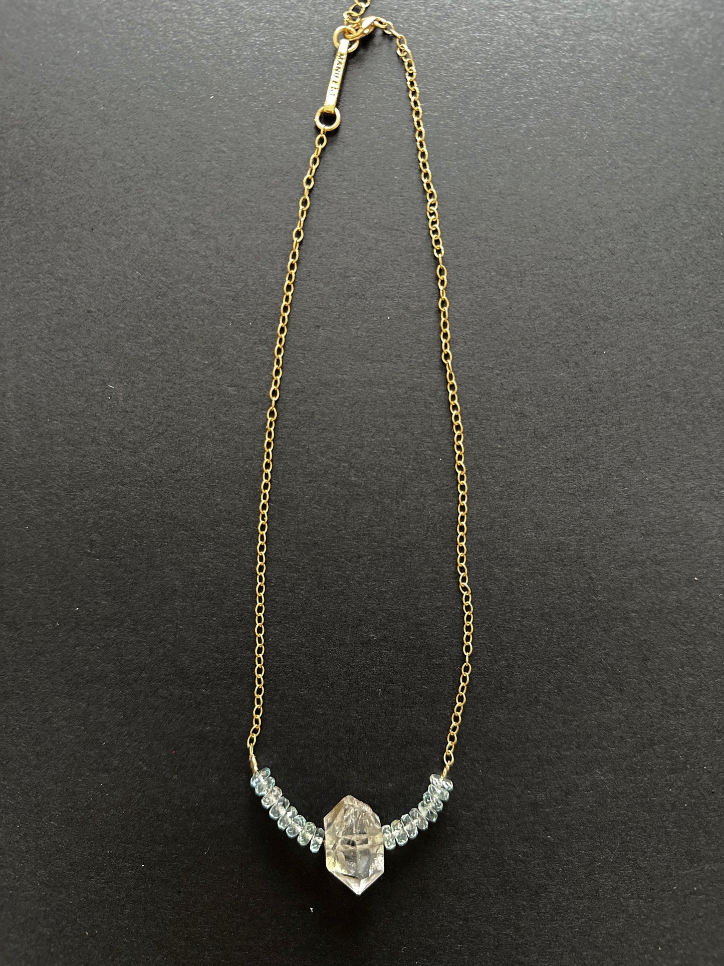 041. Single Herkimer Diamond with 16 Aquamarine Beads, Gold-filled Necklace