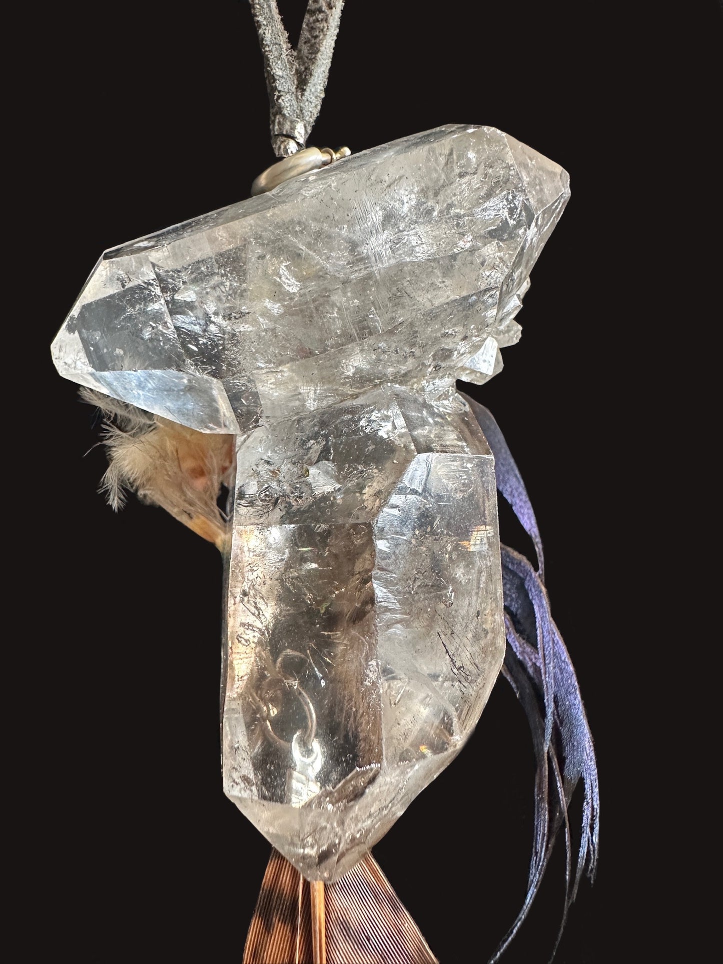 055. Rare Collector's Tibetan Crystal on Vintage Sterling Silver Chain with Leather Accent
