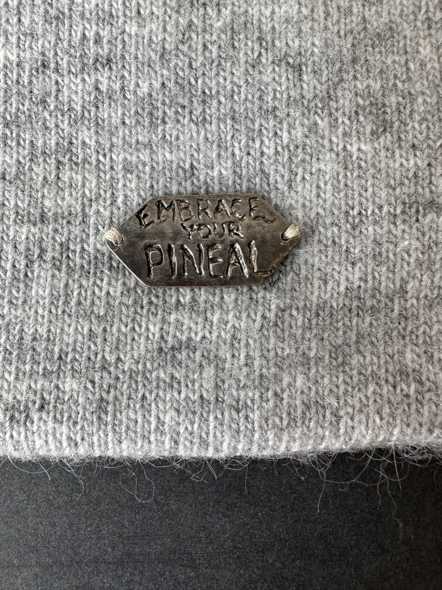 030. Sterling Silver “EMBRACE YOUR PINEAL” Cashmere Beanie in gray