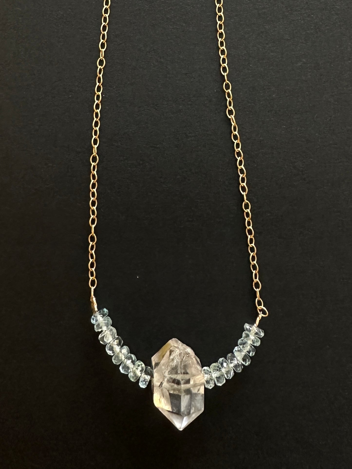 041.  Single Herkimer Diamond with 16 Aquamarine Beads, Gold-filled Necklace