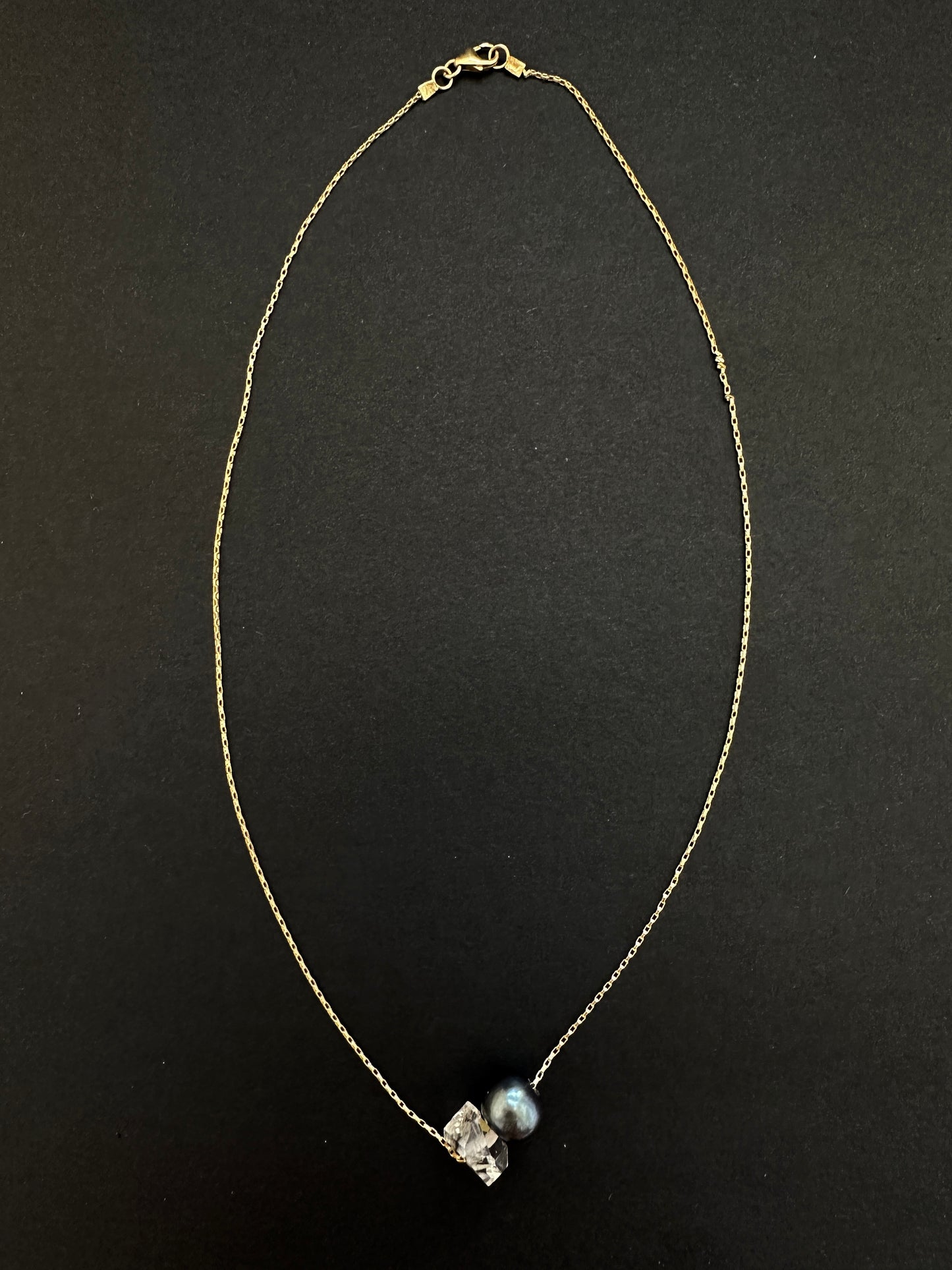 039. Freshwater Black Pearl with Single Herkimer Diamond, Gold-filled Necklace