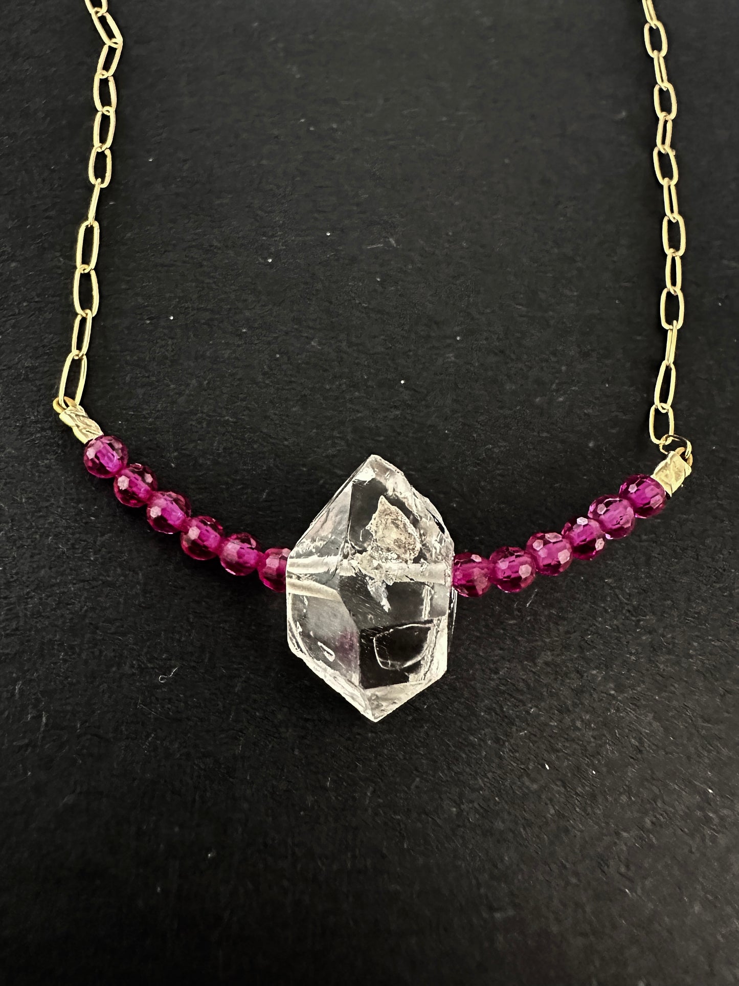 040. Single Herkimer Diamond & 12 Pink Sapphires, Gold-filled Necklace