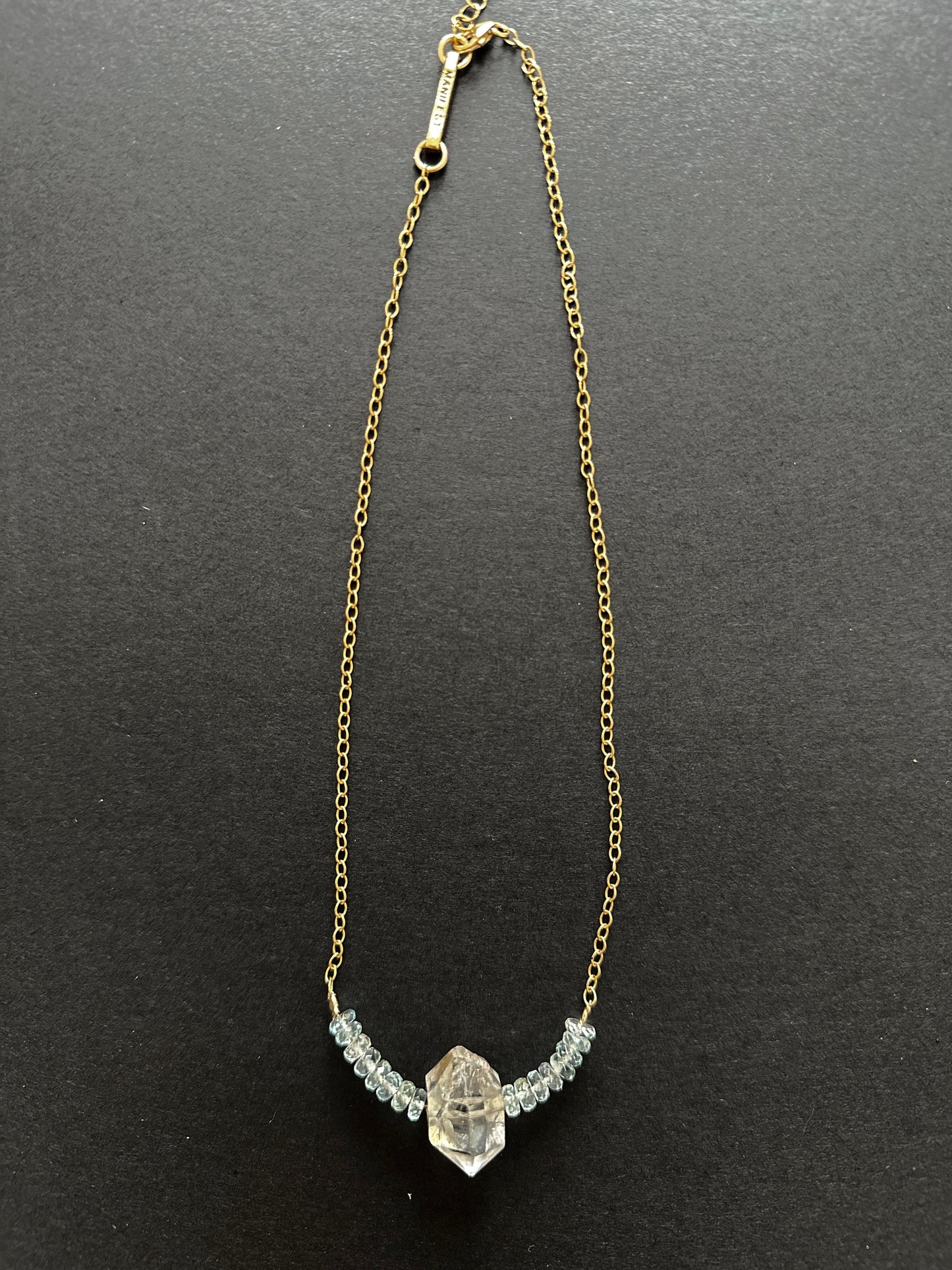 041.  Single Herkimer Diamond with 16 Aquamarine Beads, Gold-filled Necklace