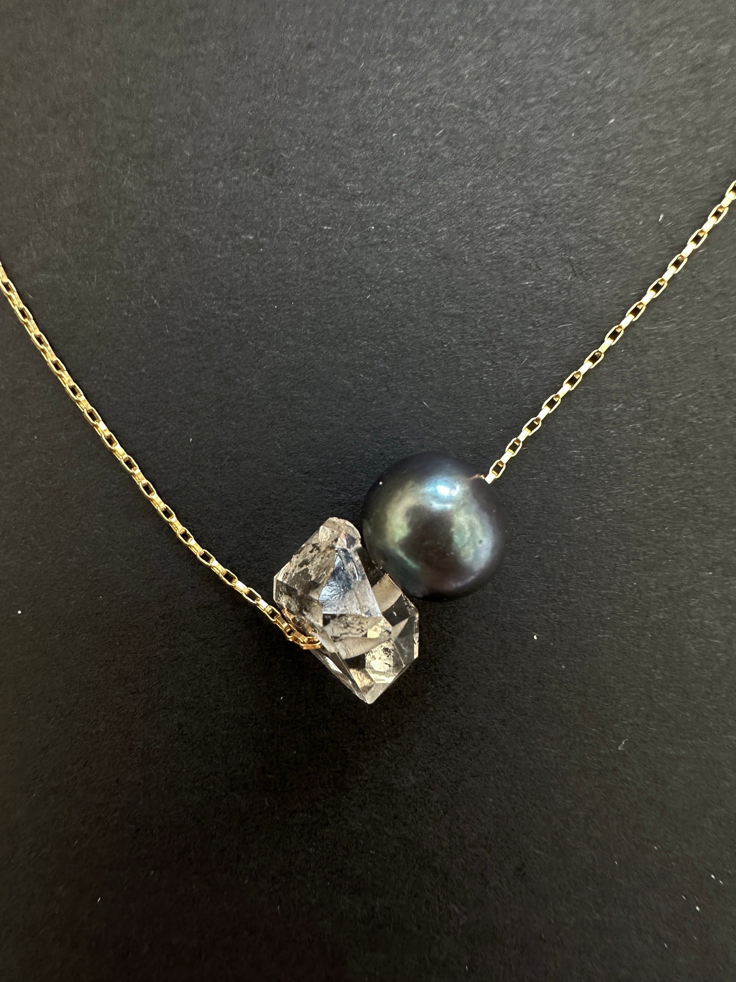 039. Freshwater Black Pearl with Single Herkimer Diamond, Gold-filled Necklace