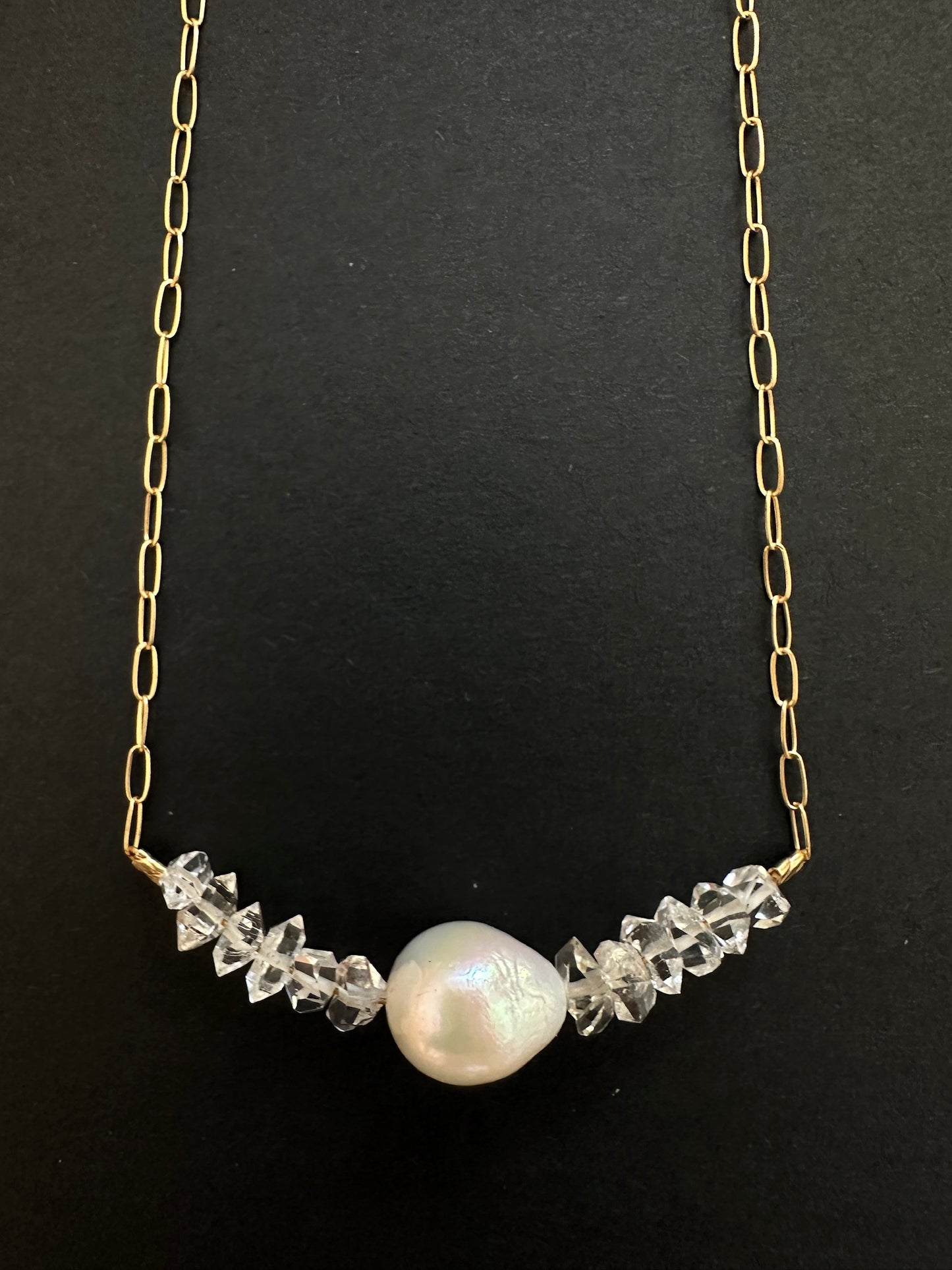 038. Freshwater Pearl with Herkimer Diamonds, Gold-filled Necklace