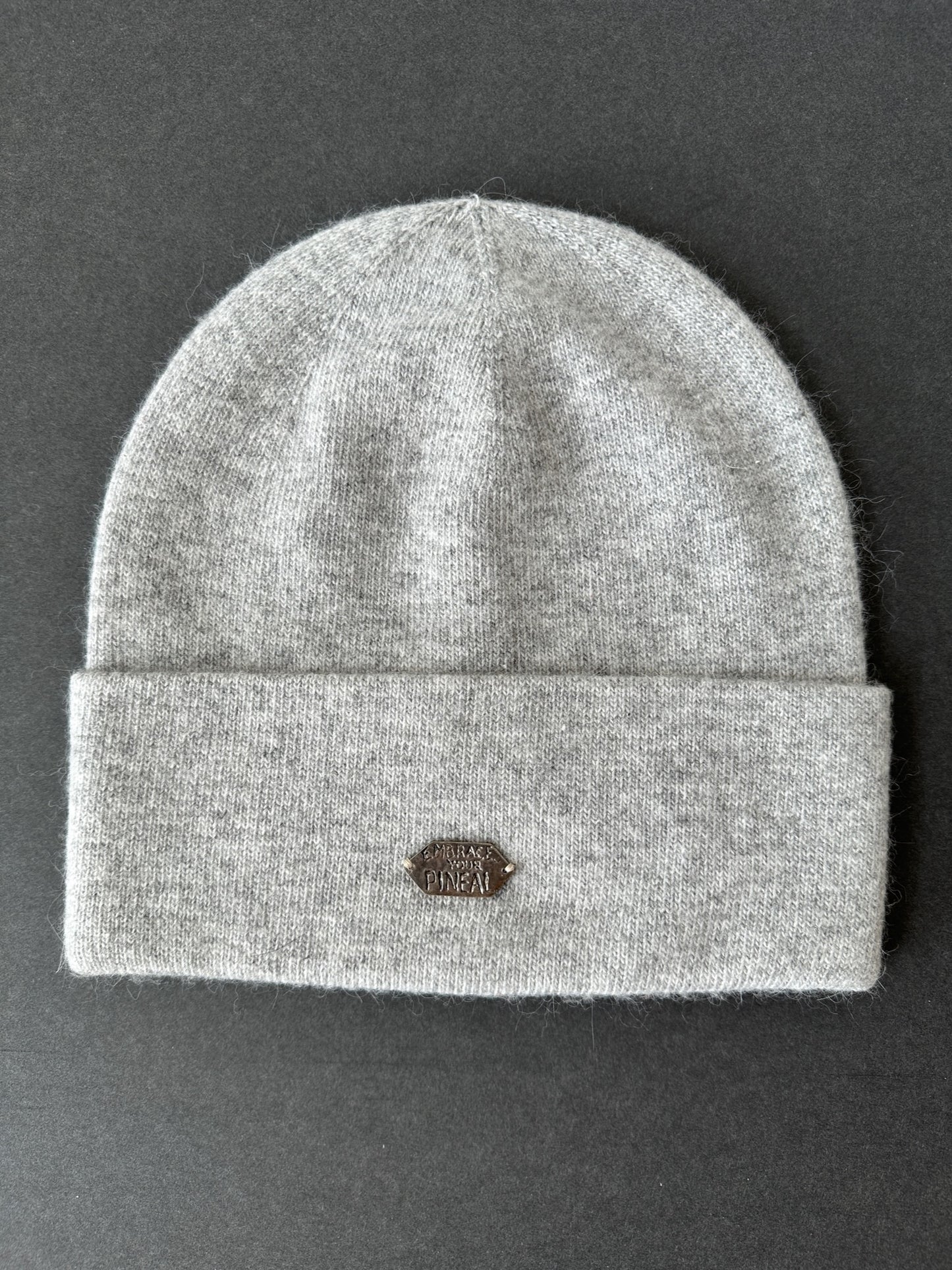 030. Sterling Silver “EMBRACE YOUR PINEAL” Cashmere Beanie in gray